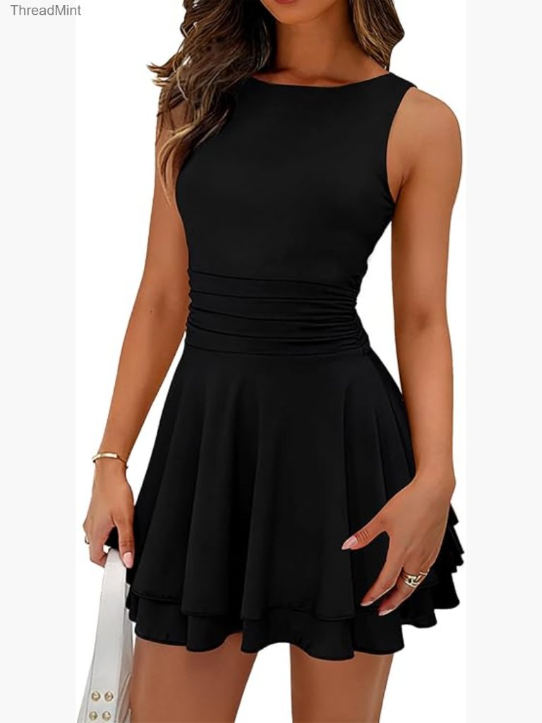 Sleeveless Ruffle Hem Mini Dress Ruched Elastic Waist A-Line Party Casual